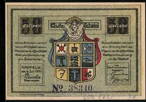Notgeld Kappeln 1920, 50 Pfennig, Wappen, Ortsansicht