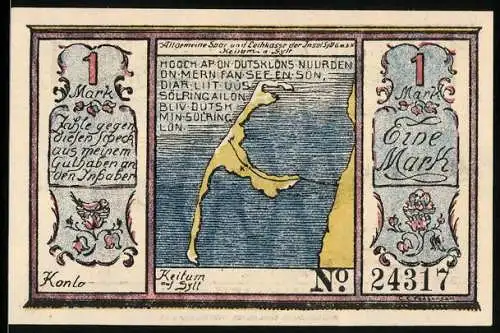 Notgeld Keitum auf Sylt 1922, 1 Mark, Keitumkliff, Karte von Sylt