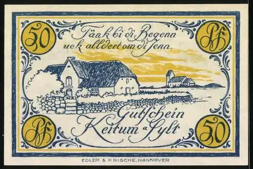 Notgeld Keitum a. Sylt 1921, 50 Pfennig, Reetdachhaus