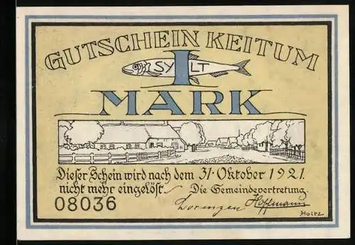 Notgeld Keitum /Sylt 1921, 1 Mark, Reetdachhaus