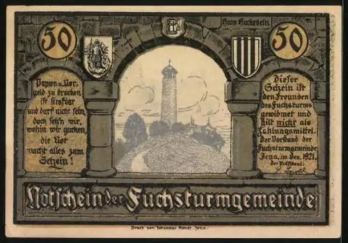 Notgeld Jena 1921, 50 Pfennig, Alt-Ziegenhain, Fuchsturm