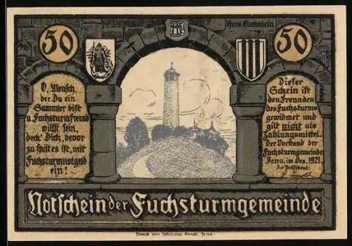 Notgeld Jena 1921, 50 Pfennig, Fuchsturm