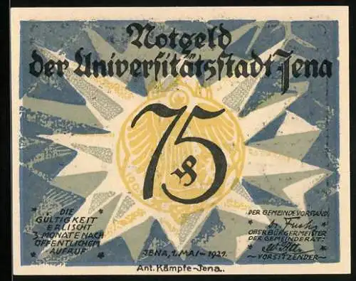 Notgeld Jena 1921, 75 Pfennig, Schiller u. Goethe