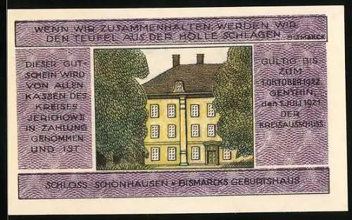 Notgeld Jerichow 1921, 3 Mark, Schloss Schönhausen, Bismarck