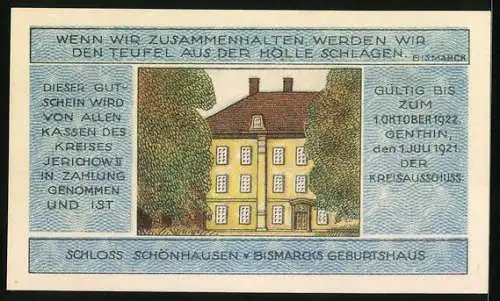 Notgeld Jerichow 1921, 1 Mark, Bismarck, Schloss Schönhausen