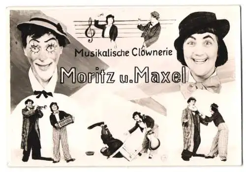 8 Fotografien Karl Leher, Berlin, Musikalische Clownerie Moritz & Maxel, Zirkus-Clown's in verschiedenen Szenen