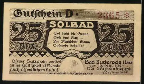 Notgeld Bad Suderode /Harz 1921, 25 Pfennig, Ortsansicht aus der Vogelschau