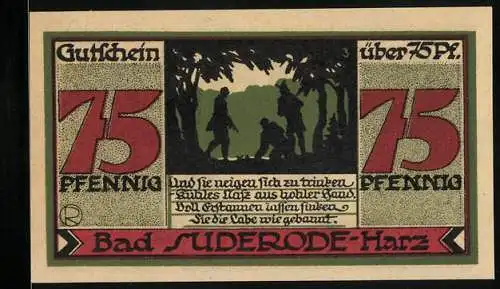 Notgeld Bad Suderode /Harz 1921, 75 Pfennig, Männer im Wald trinken Wasser