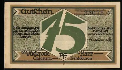 Notgeld Bad Suderode /Harz 1921, 75 Pfennig, Männer im Wald an der Calciumquelle