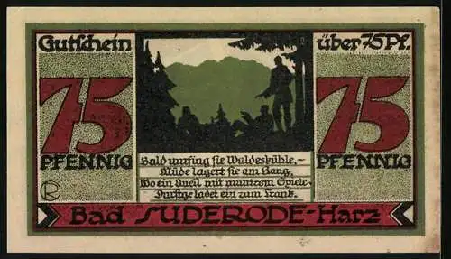 Notgeld Bad Suderode /Harz 1921, 75 Pfennig, Männer im Wald an der Calciumquelle