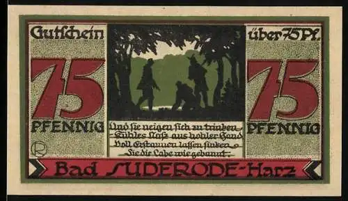 Notgeld Bad Suderode /Harz 1921, 75 Pfennig, Männer trinken aus Calciumquelle