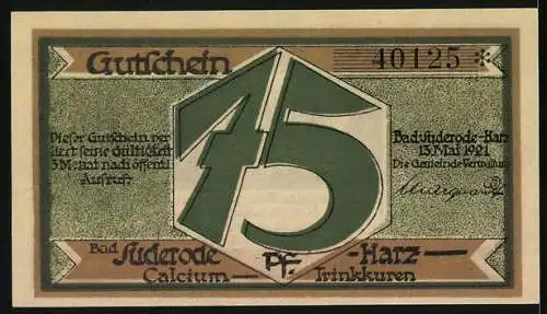 Notgeld Bad Suderode /Harz 1921, 75 Pfennig, Männer trinken aus Calciumquelle