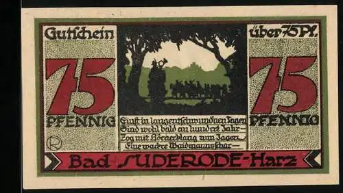 Notgeld Bad Suderode /Harz 1921, 75 Pfennig, Waidmannsschar auf Jagd
