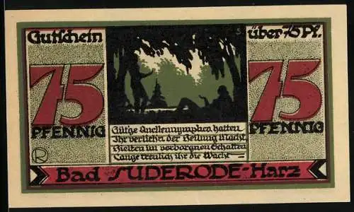 Notgeld Bad Suderode /Harz 1921, 75 Pfennig, Quellennymphe bewacht Calciumquelle
