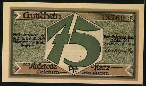 Notgeld Bad Suderode /Harz 1921, 75 Pfennig, Quellennymphe bewacht Calciumquelle