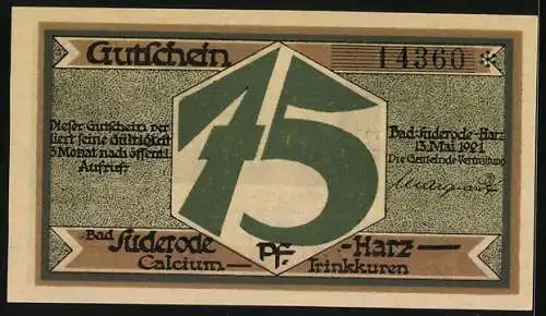 Notgeld Bad Suderode /Harz 1921, 75 Pfennig, Rast an der Calciumquelle