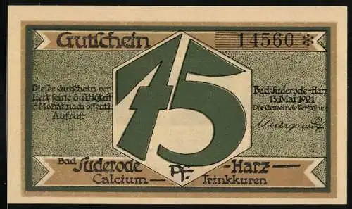 Notgeld Bad Suderode /Harz 1921, 75 Pfennig, Calciumquelle im Wald