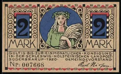 Notgeld Süderbrarup 1920, 2 Mark, Wanderer und Frauenfigur