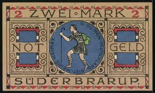 Notgeld Süderbrarup 1920, 2 Mark, Wanderer und Frauenfigur