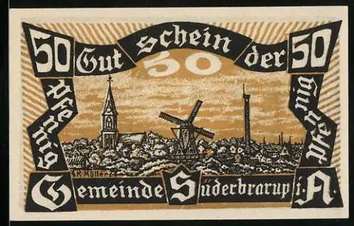 Notgeld Süderbrarup 1920, 50 Pfennig, Ortsansicht mit Windmühle und Schweine