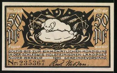 Notgeld Süderbrarup 1920, 50 Pfennig, Ortsansicht mit Windmühle und Schweine