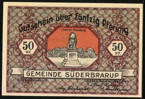 Notgeld Süderbrarup, 50 Pfennig, Löwe zu Flensburg, Übergang n. Alsen 1864