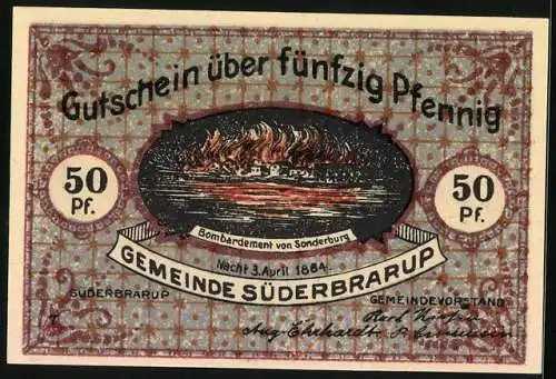 Notgeld Süderbrarup, 50 Pfennig, Flüchtlinge aus Sonderburg und Bombardement von Sonderburg