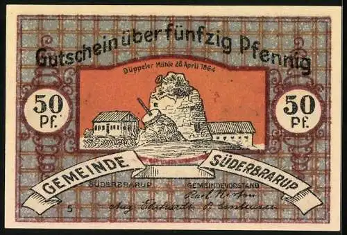 Notgeld Süderbrarup, 50 Pfennig, Missunde 1864, Düppeler Mühle 1864