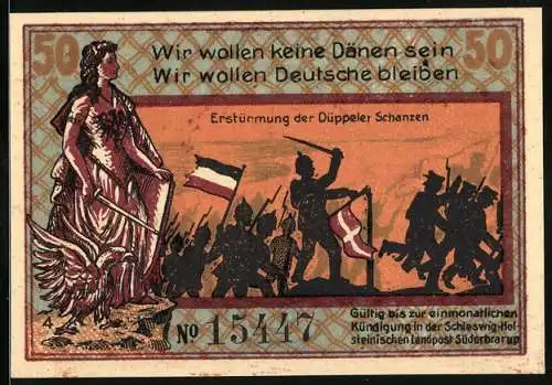 Notgeld Süderbrarup, 50 Pfennig, Erstürmung der Düppeler Schanzen, Düppel-Denkmal
