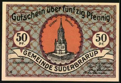 Notgeld Süderbrarup, 50 Pfennig, Erstürmung der Düppeler Schanzen, Düppel-Denkmal