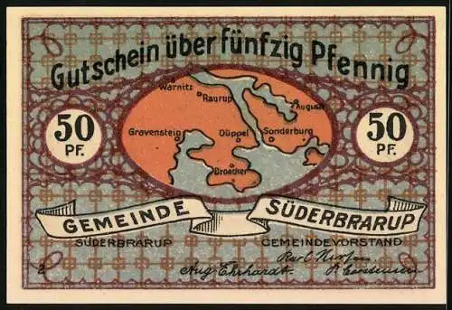 Notgeld Süderbrarup, 50 Pfennig, Landkarte und Schlacht gegen die Dänen