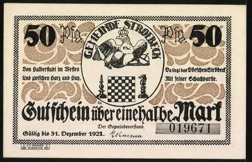 Notgeld Stroebeck 1921, 50 Pfennig, Schachbrett und Adler