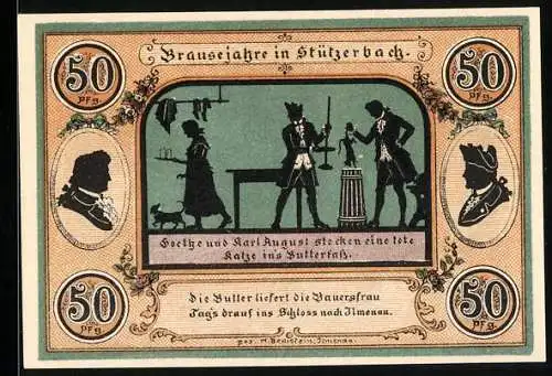 Notgeld Stützerbach 1921, 50 Pfennig, Goethe und Karl August, Dreiherrenstein und Alte Schmiede am Auerhahn