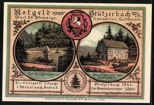 Notgeld Stützerbach 1921, 50 Pfennig, Goethe und Karl August, Dreiherrenstein und Alte Schmiede am Auerhahn