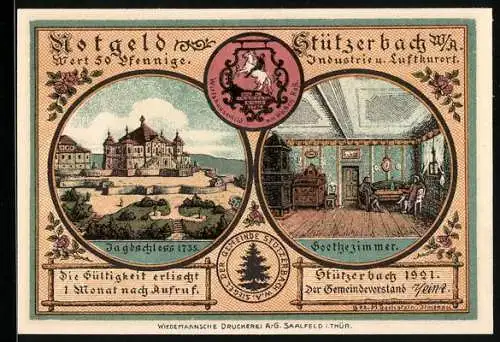 Notgeld Stützerbach 1921, 50 Pfennig, Goethe und Karl August auf der Jagd, Jagdschloss und Goethezimmer