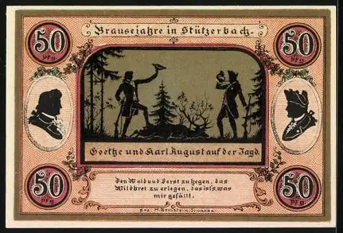 Notgeld Stützerbach 1921, 50 Pfennig, Goethe und Karl August auf der Jagd, Jagdschloss und Goethezimmer