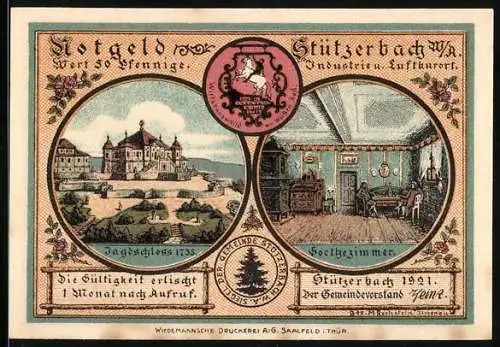 Notgeld Stützerbach 1921, 50 Pfennig, Jagdschloss, Goethezimmer und Nachtlager im finsteren Loch