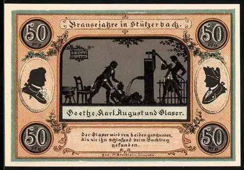 Notgeld Stützerbach 1921, 50 Pfennig, Goethe und Karl August, Alte Schmiede am Auerhahn, Dreiherrenstein