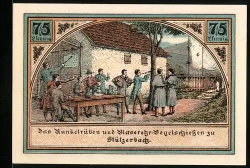 Notgeld Stützerbach 1921, 75 Pfennig, Vogelschiessen, Alte Schmiede am Auerhahn, Dreiherrenstein