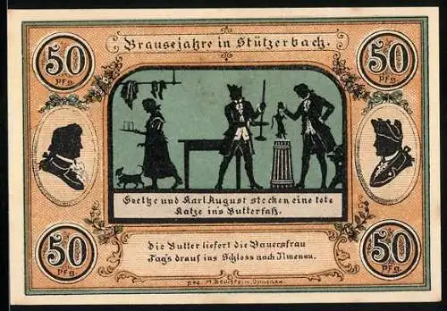 Notgeld Stützerbach 1921, 50 Pfennig, Goethe und Karl August, Alte Schmiede am Auerhahn, Dreiherrenstein