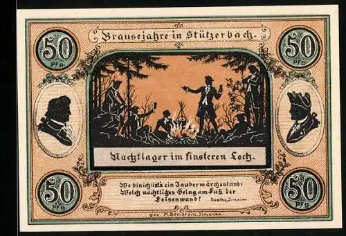Notgeld Stützerbach 1921, 50 Pfennig, Nachtlager im finsteren Loch, Jagdschloss, Goethezimmer