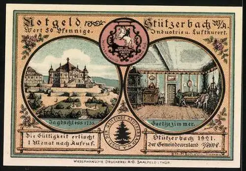 Notgeld Stützerbach 1921, 50 Pfennig, Nachtlager im finsteren Loch, Jagdschloss, Goethezimmer