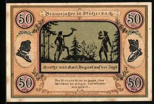 Notgeld Stützerbach 1921, 50 Pfennig, Goethe und Karl August auf der Jagd, Jagdschloss und Goethezimmer