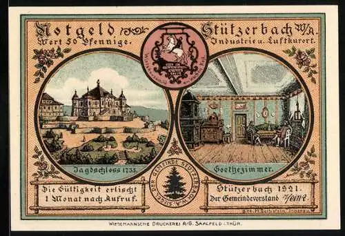 Notgeld Stützerbach 1921, 50 Pfennig, Goethe und Karl August, Goethezimmer und Jagdschloss