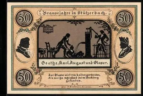 Notgeld Stützerbach 1921, 50 Pfennig, Goethe und Karl August, Alte Schmiede am Auerhahn, Dreiherrenstein