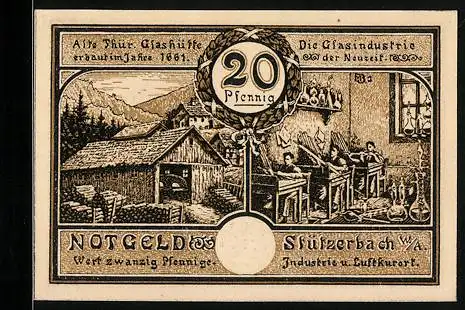 Notgeld Stützerbach 1921, 20 Pfennig, Alte Thür. Glashütte und Zahnradbahn