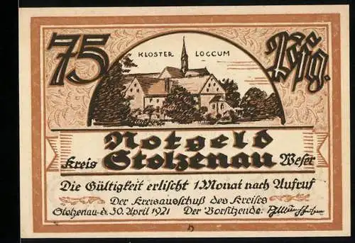 Notgeld Stolzenau /Weser 1921, 75 Pfennig, Kloster Loccum