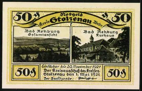 Notgeld Stolzenau /Weser 1921, 50 Pfennig, Kurhaus Bad Rehburg