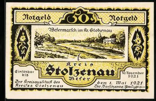 Notgeld Stolzenau /Weser 1921, 50 Pfennig, Wesermarsch im Kreis Stolzenau