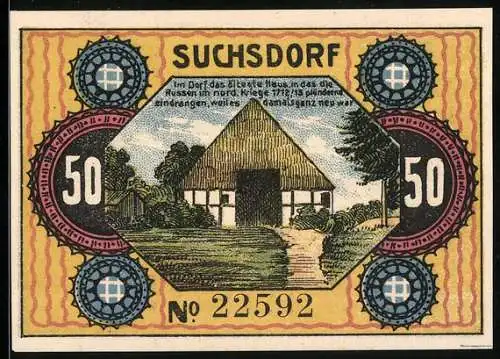 Notgeld Suchsdorf 1921, 50 Pfennig, Dänen auf der Eiderkanal-Schlagbrücke